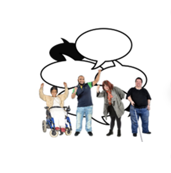 A group of four people, three standing, and one in a wheelchair, in front of speech bubbles